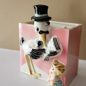Vintage Shafford Japan Porcelain Planter Featuring Stork & Baby Boy
